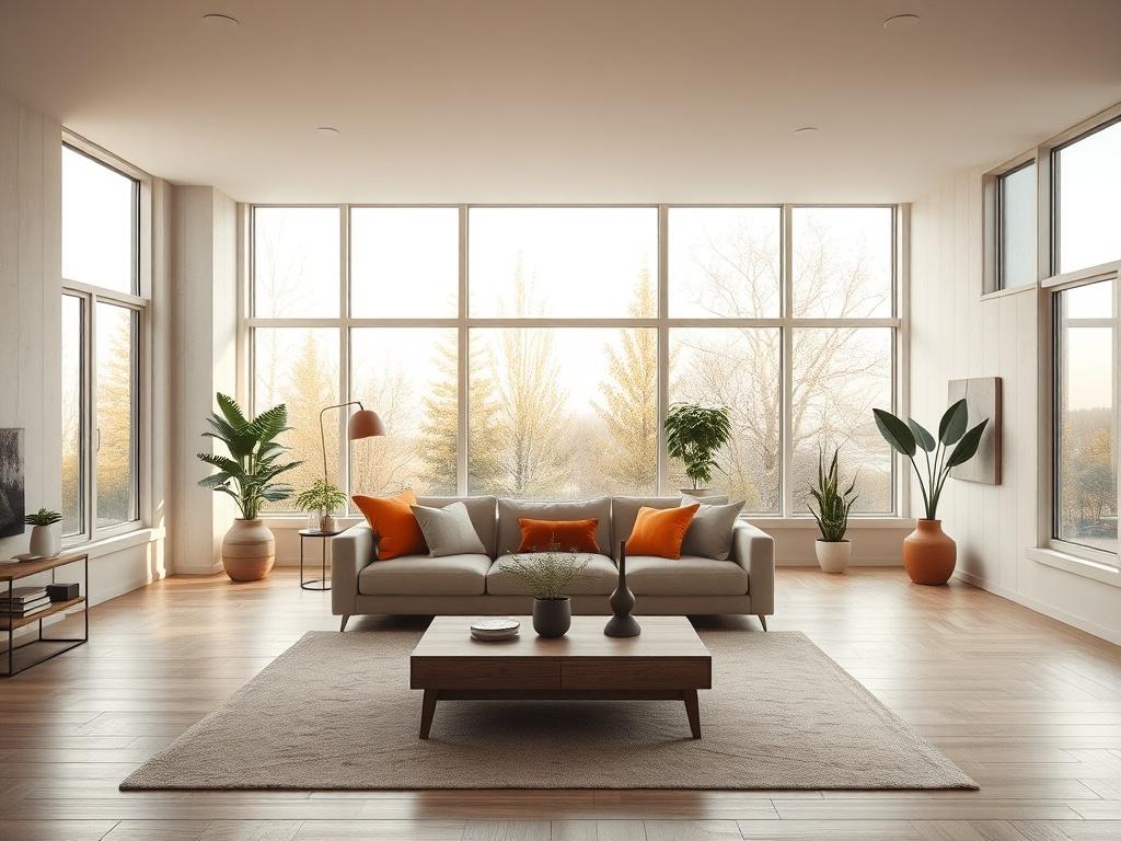 Modern living room interior, spacious and cozy, natural light through large panoramic windows, neutral color palette with warm accents, soft sofa, wooden coffee table, minimalistic decor, indoor plants, textured walls, Scandinavian style, high-quality materials, realistic lighting, ultra-detailed, photorealistic, 4k, interior design photographyфото